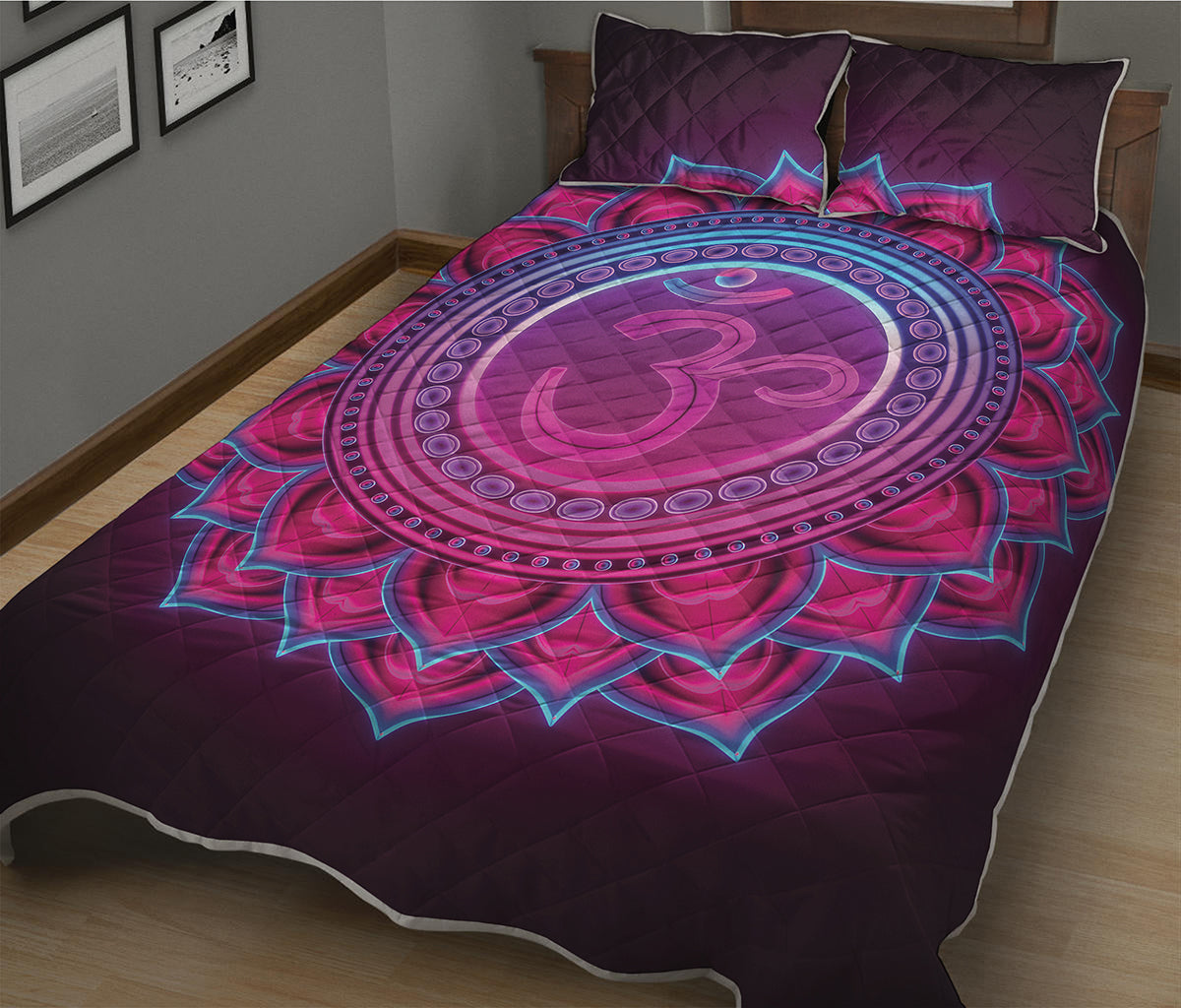 Purple And Teal Om Mandala Print Quilt Bed Set