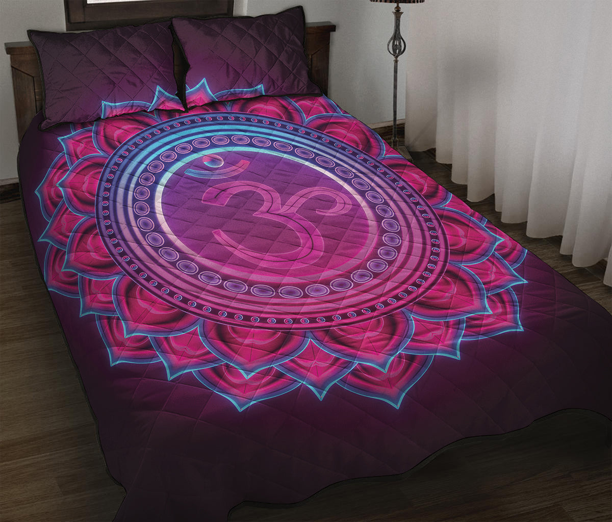 Purple And Teal Om Mandala Print Quilt Bed Set