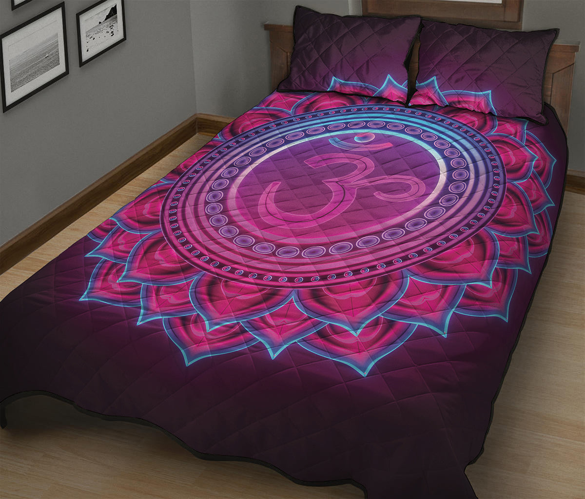 Purple And Teal Om Mandala Print Quilt Bed Set
