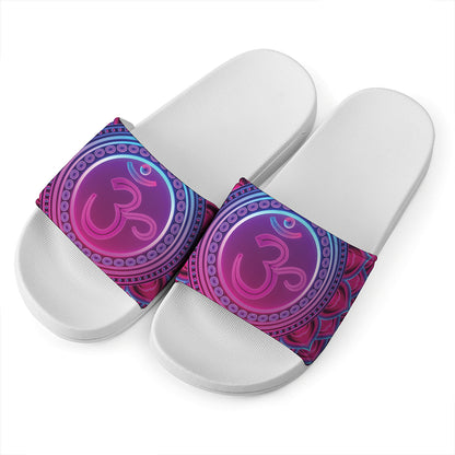 Purple And Teal Om Mandala Print White Slide Sandals