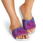 Purple And Teal Om Mandala Print White Slide Sandals