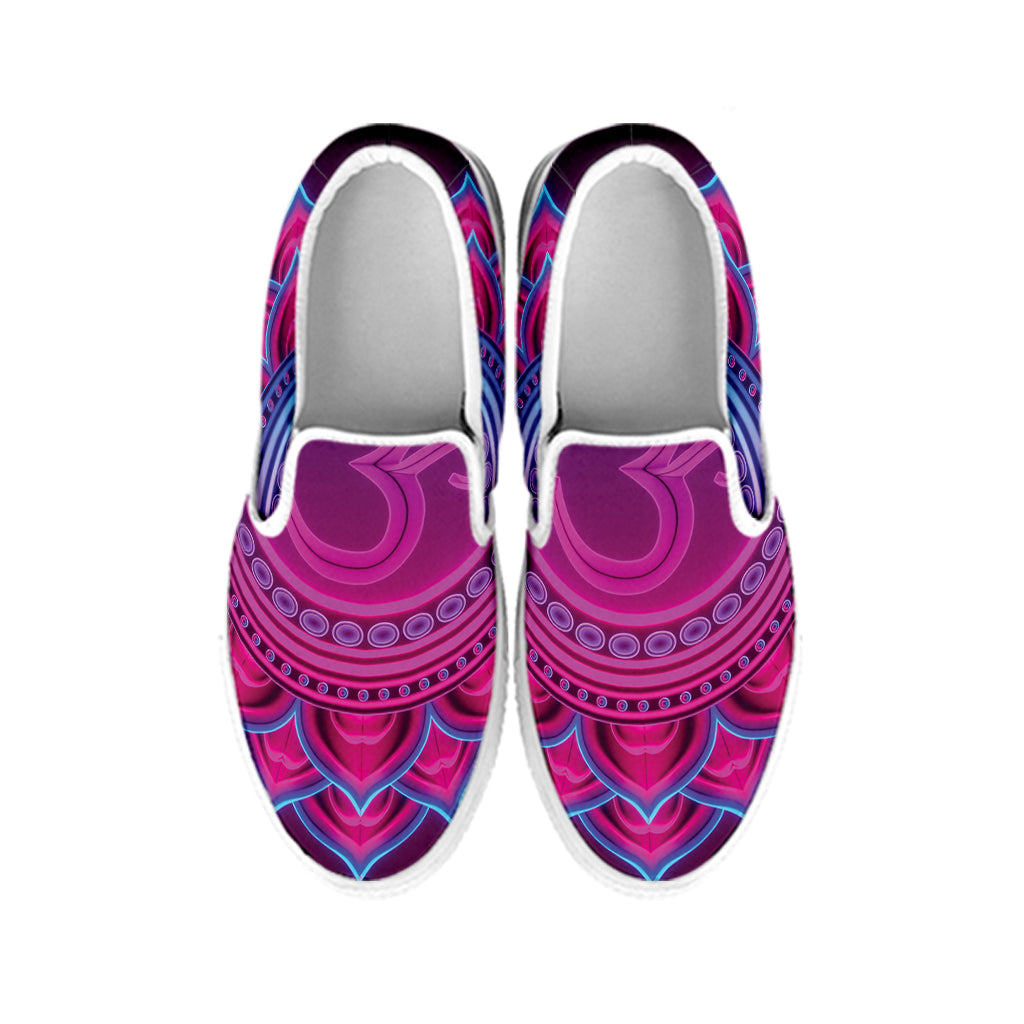 Purple And Teal Om Mandala Print White Slip On Shoes