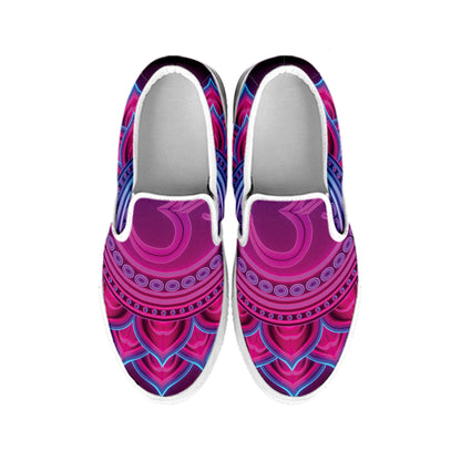 Purple And Teal Om Mandala Print White Slip On Shoes