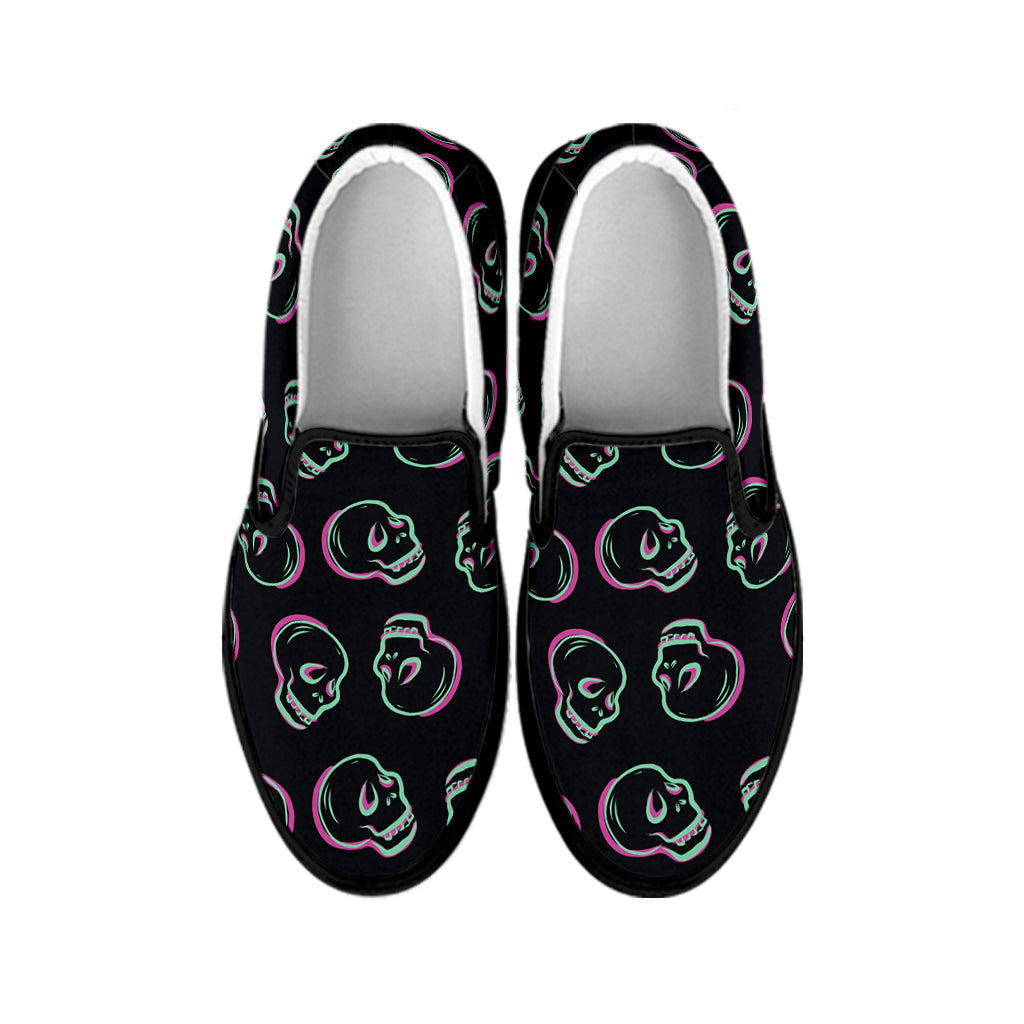 Purple And Teal Skull Pattern Print Black Slip On Shoes