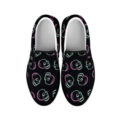 Purple And Teal Skull Pattern Print Black Slip On Shoes