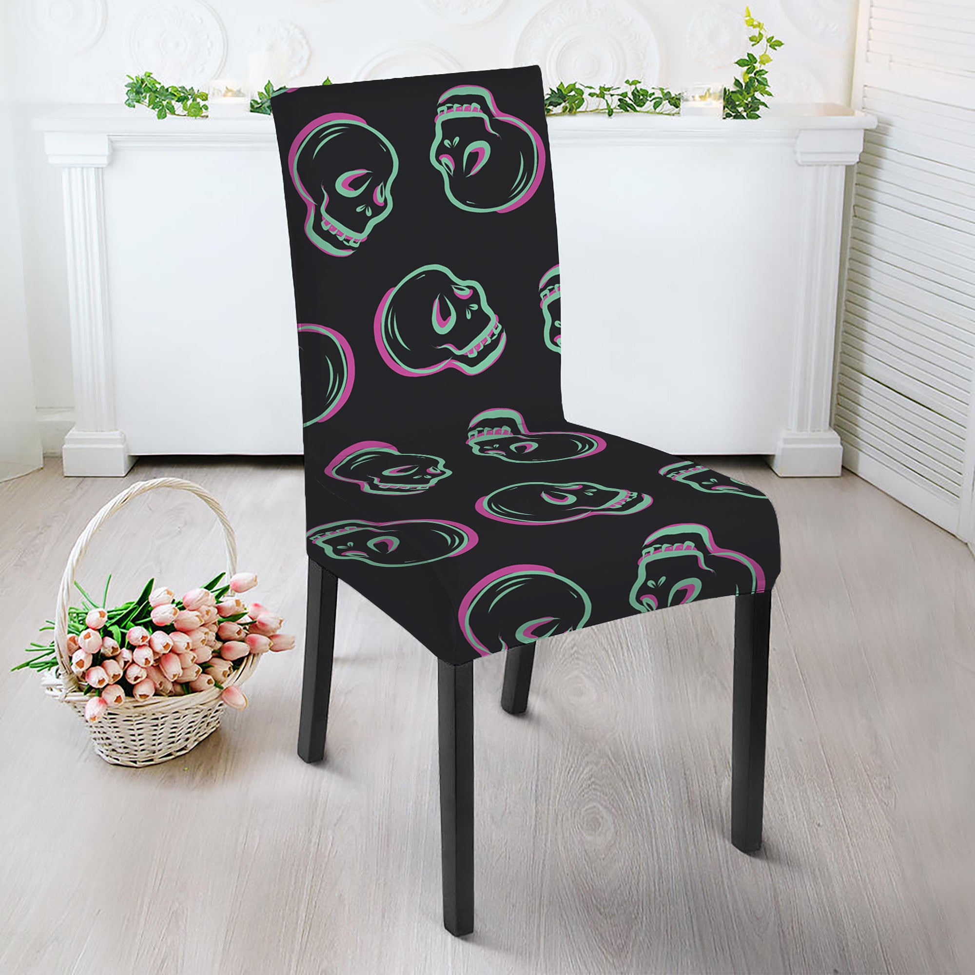 Purple And Teal Skull Pattern Print Dining Chair Slipcover