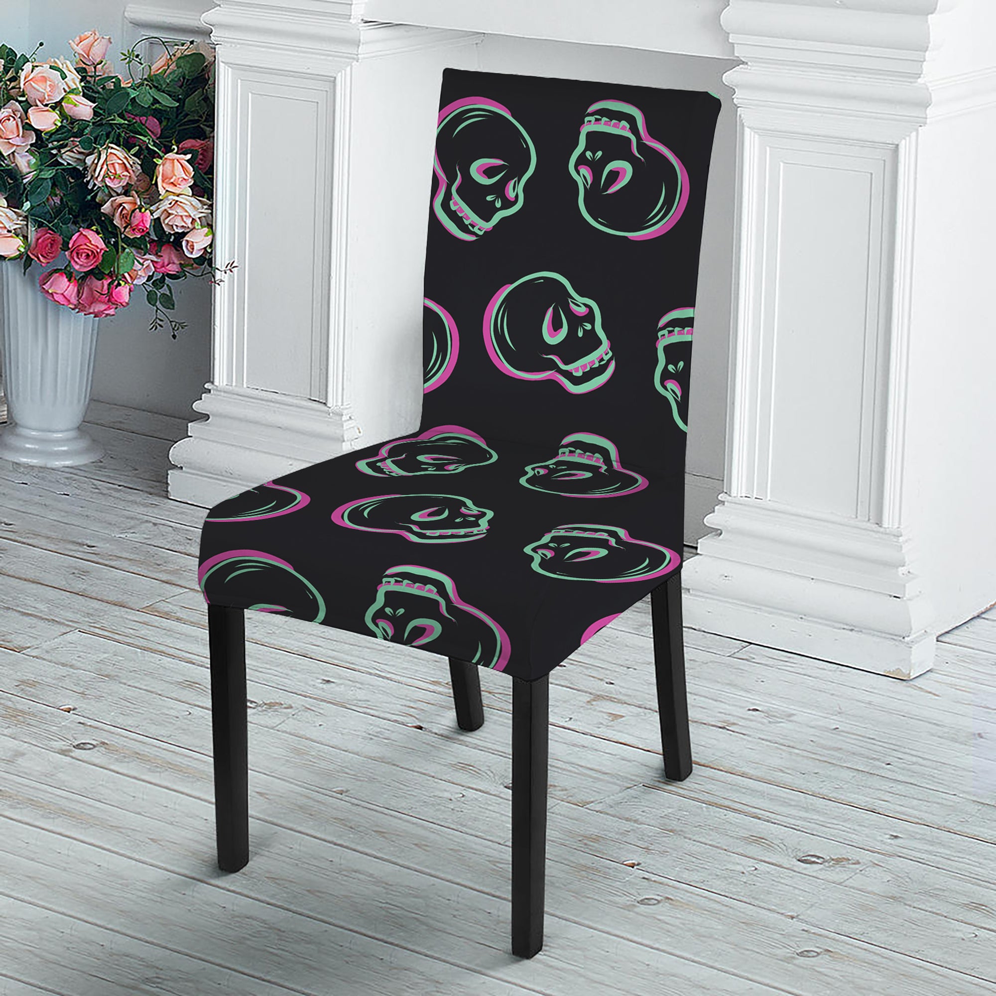 Purple And Teal Skull Pattern Print Dining Chair Slipcover