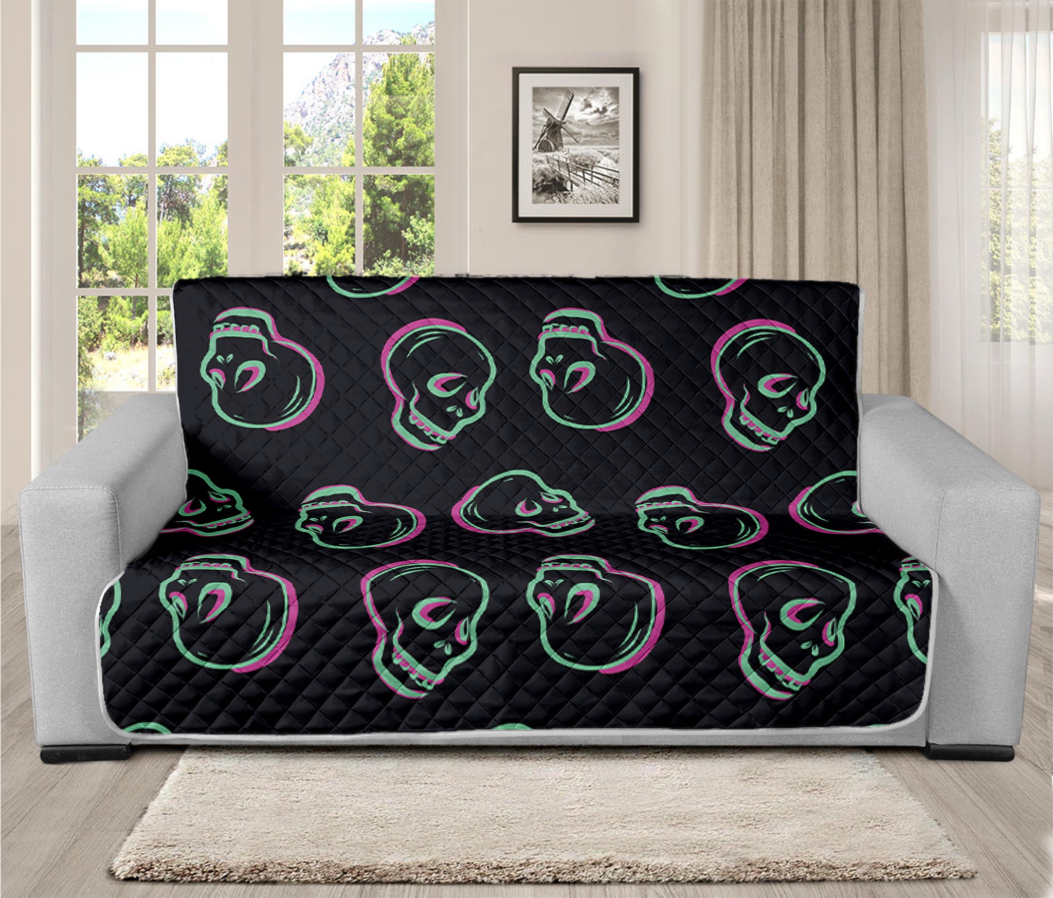 Purple And Teal Skull Pattern Print Futon Protector