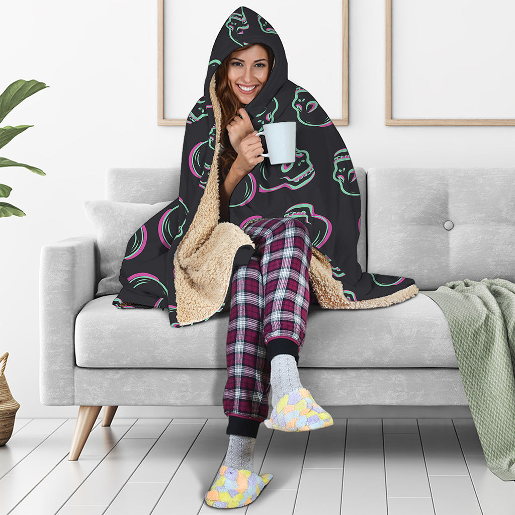 Purple And Teal Skull Pattern Print Hooded Blanket