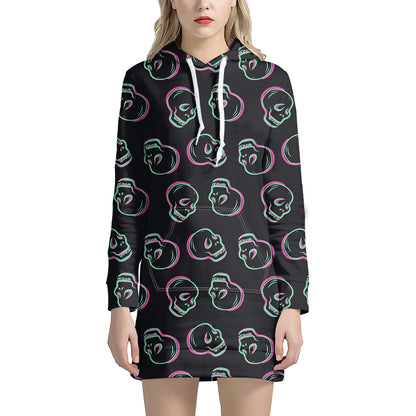 Purple And Teal Skull Pattern Print Hoodie Dress