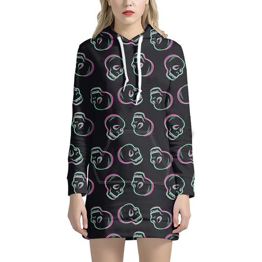 Purple And Teal Skull Pattern Print Hoodie Dress