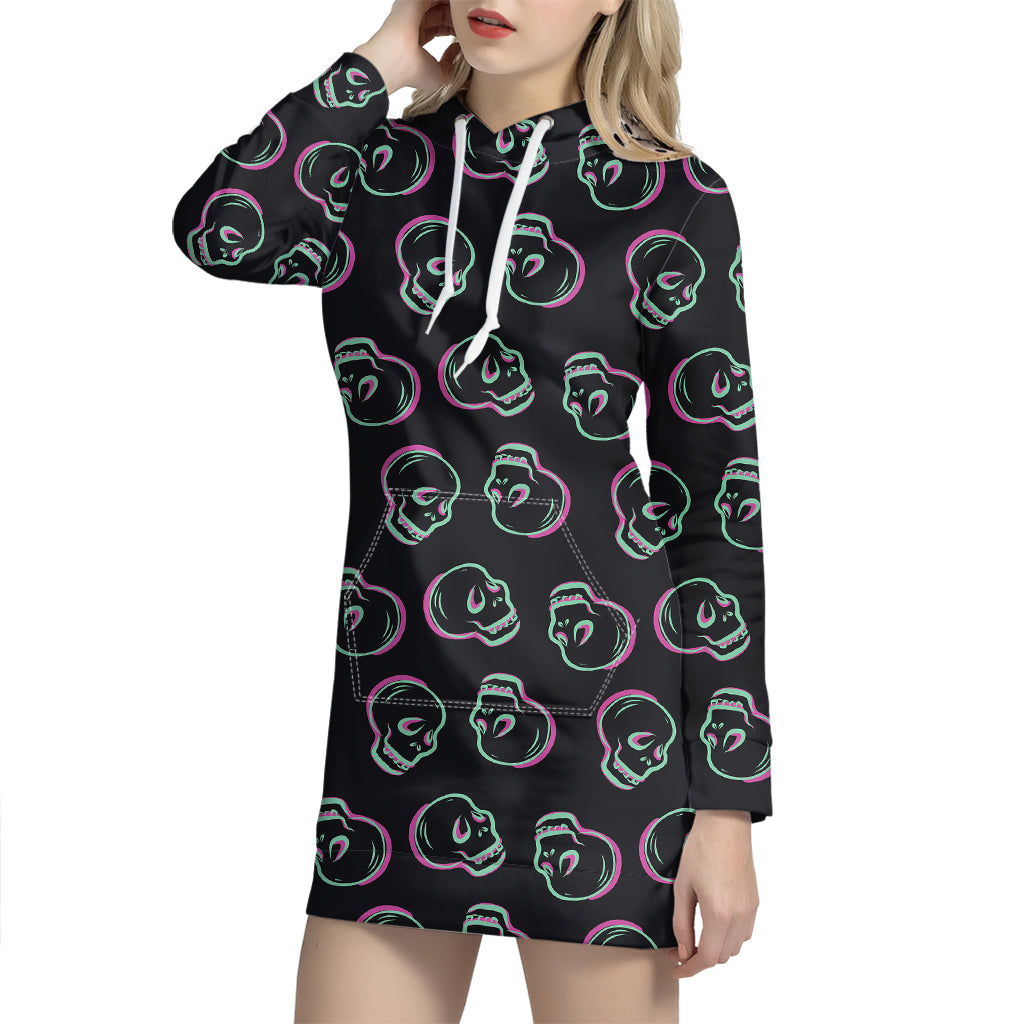 Purple And Teal Skull Pattern Print Hoodie Dress