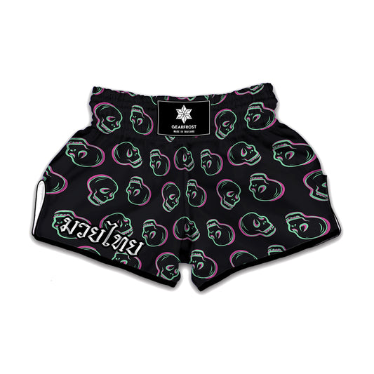 Purple And Teal Skull Pattern Print Muay Thai Boxing Shorts