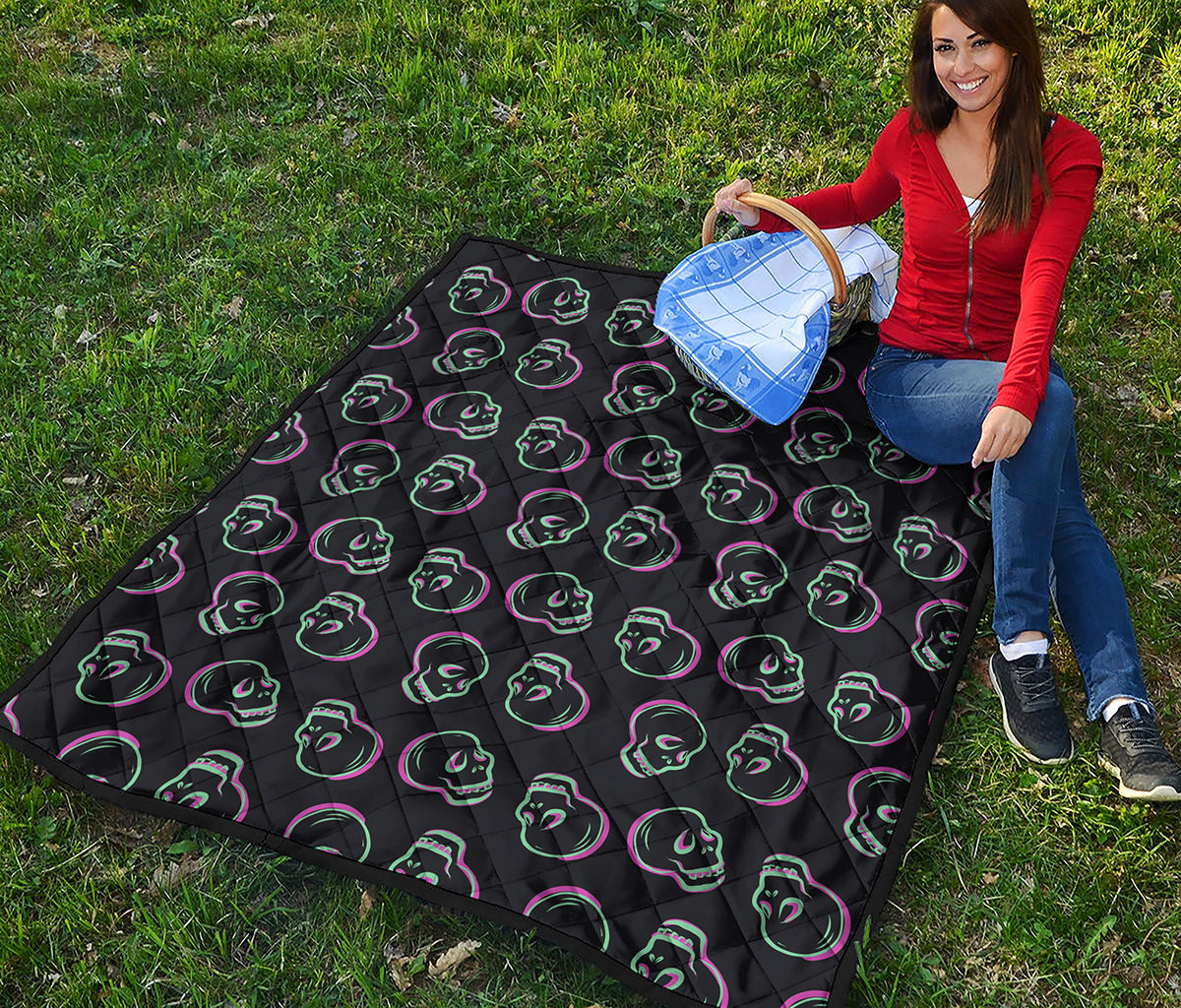 Purple And Teal Skull Pattern Print Quilt