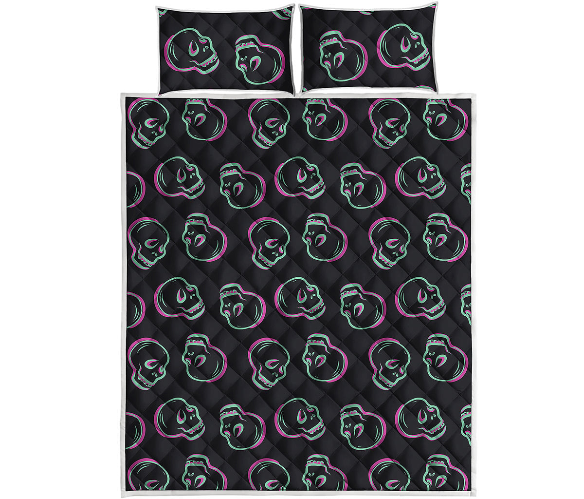 Purple And Teal Skull Pattern Print Quilt Bed Set