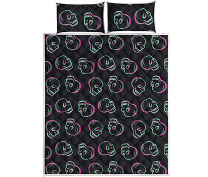 Purple And Teal Skull Pattern Print Quilt Bed Set