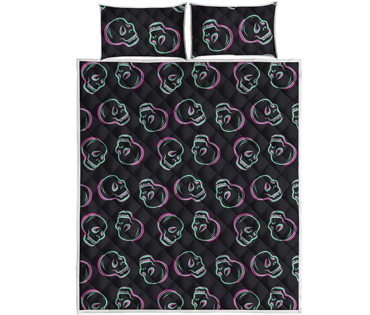 Purple And Teal Skull Pattern Print Quilt Bed Set