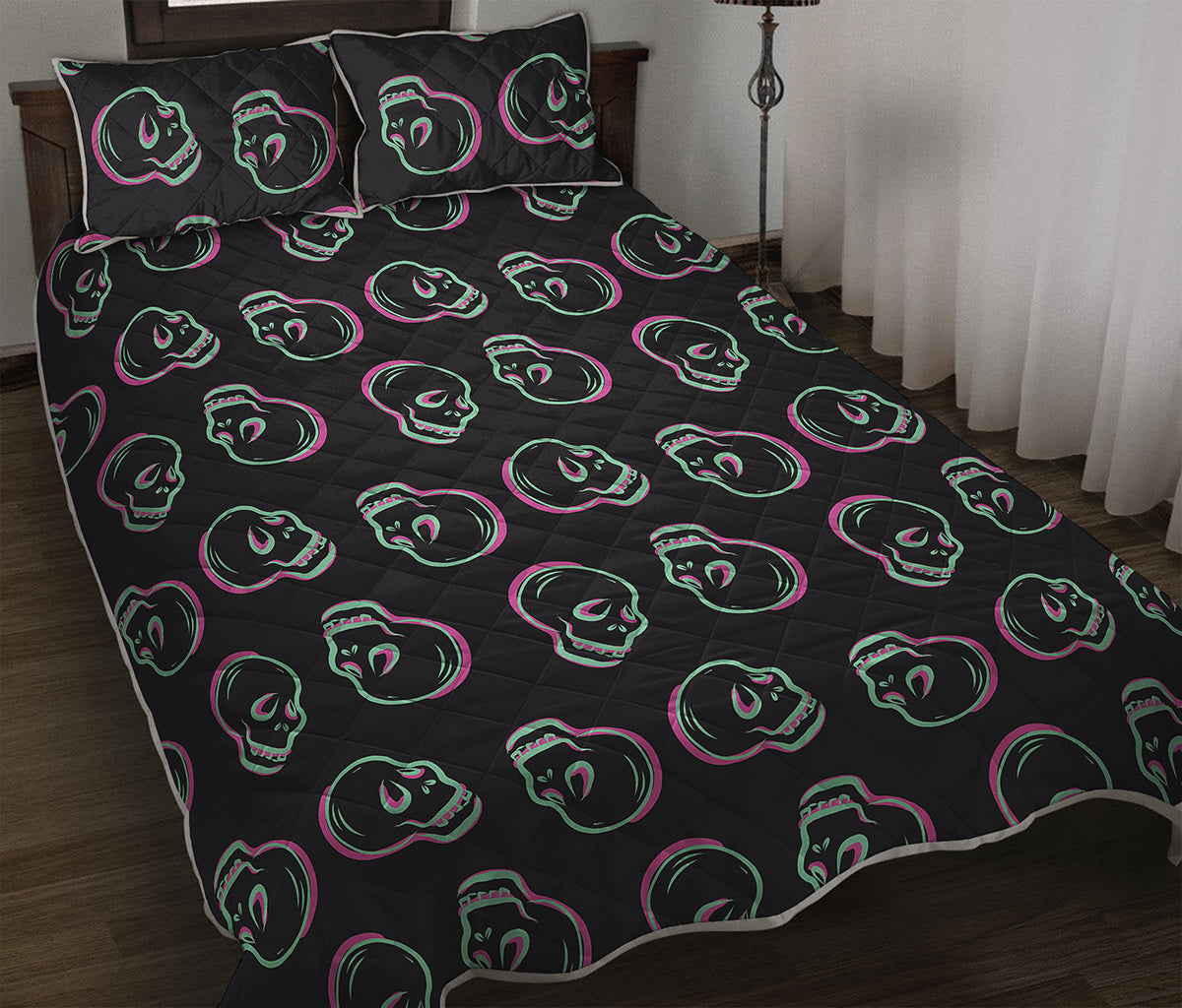 Purple And Teal Skull Pattern Print Quilt Bed Set