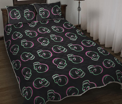 Purple And Teal Skull Pattern Print Quilt Bed Set