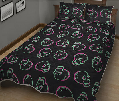 Purple And Teal Skull Pattern Print Quilt Bed Set