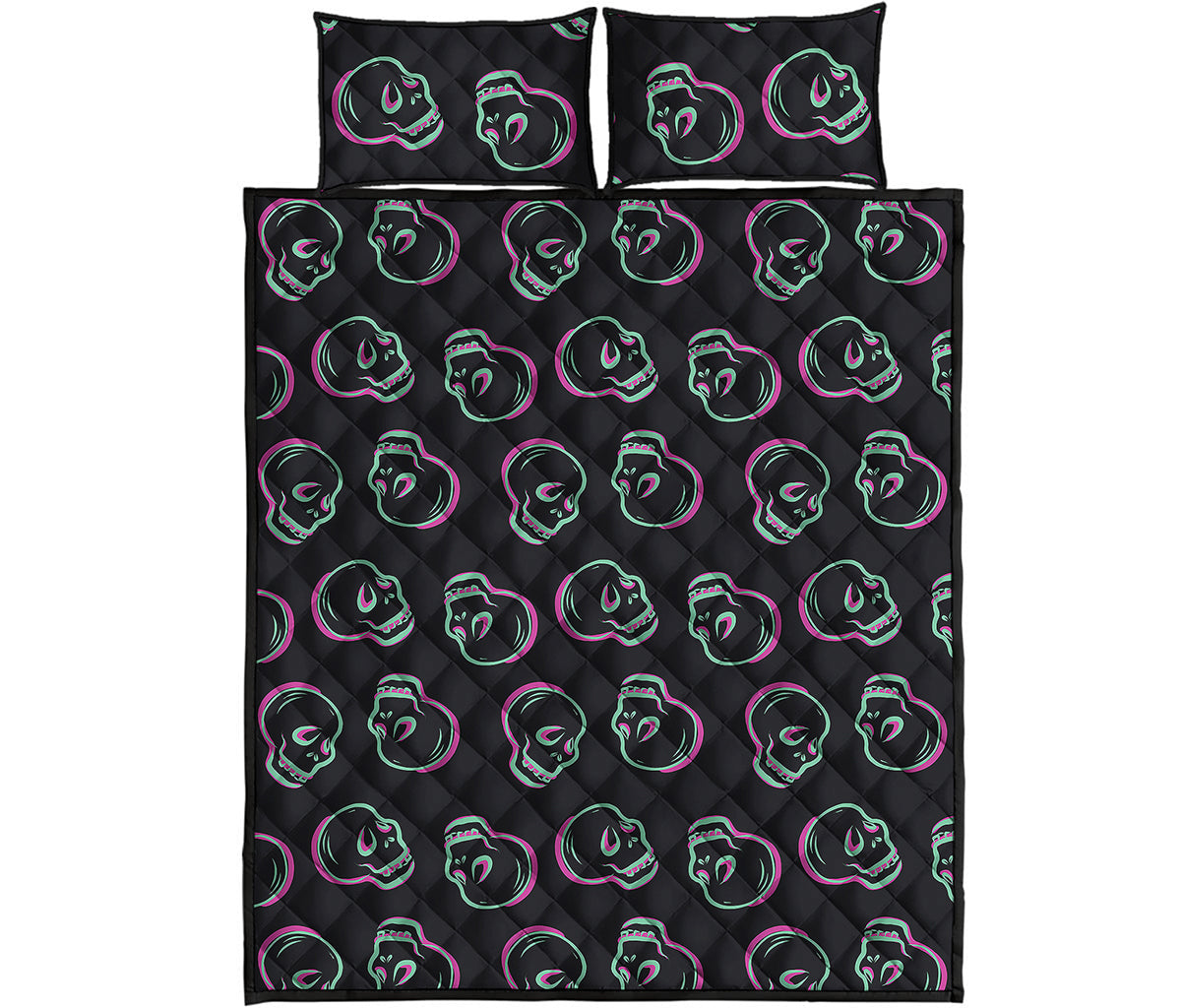 Purple And Teal Skull Pattern Print Quilt Bed Set
