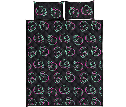 Purple And Teal Skull Pattern Print Quilt Bed Set
