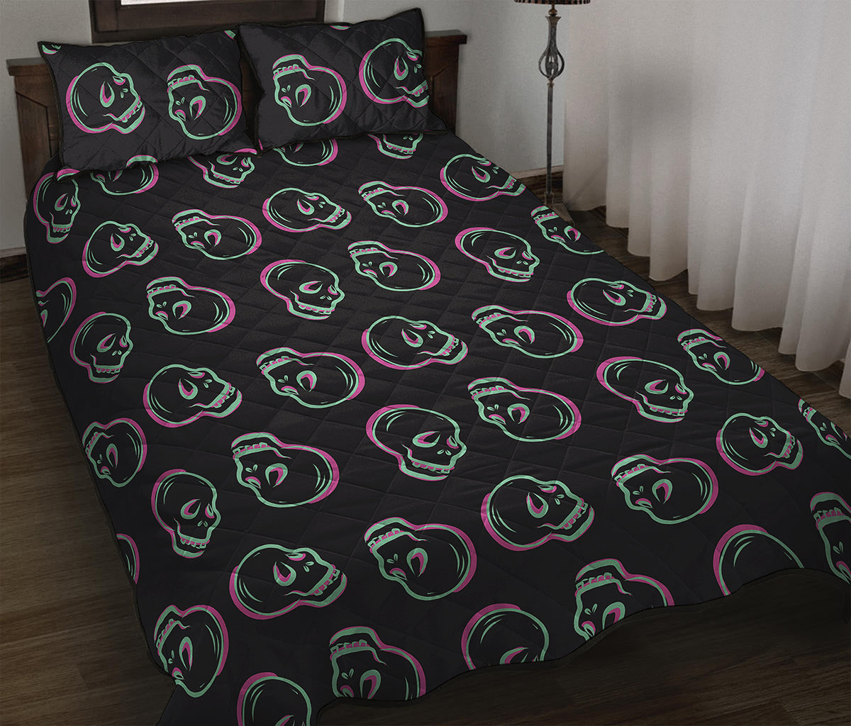 Purple And Teal Skull Pattern Print Quilt Bed Set