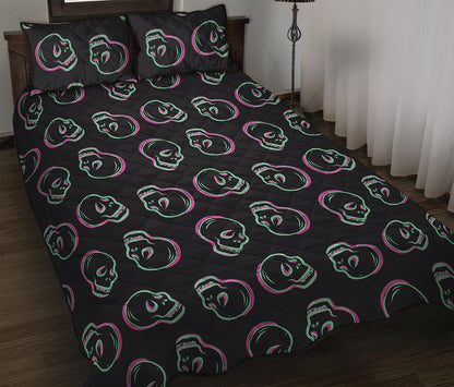 Purple And Teal Skull Pattern Print Quilt Bed Set