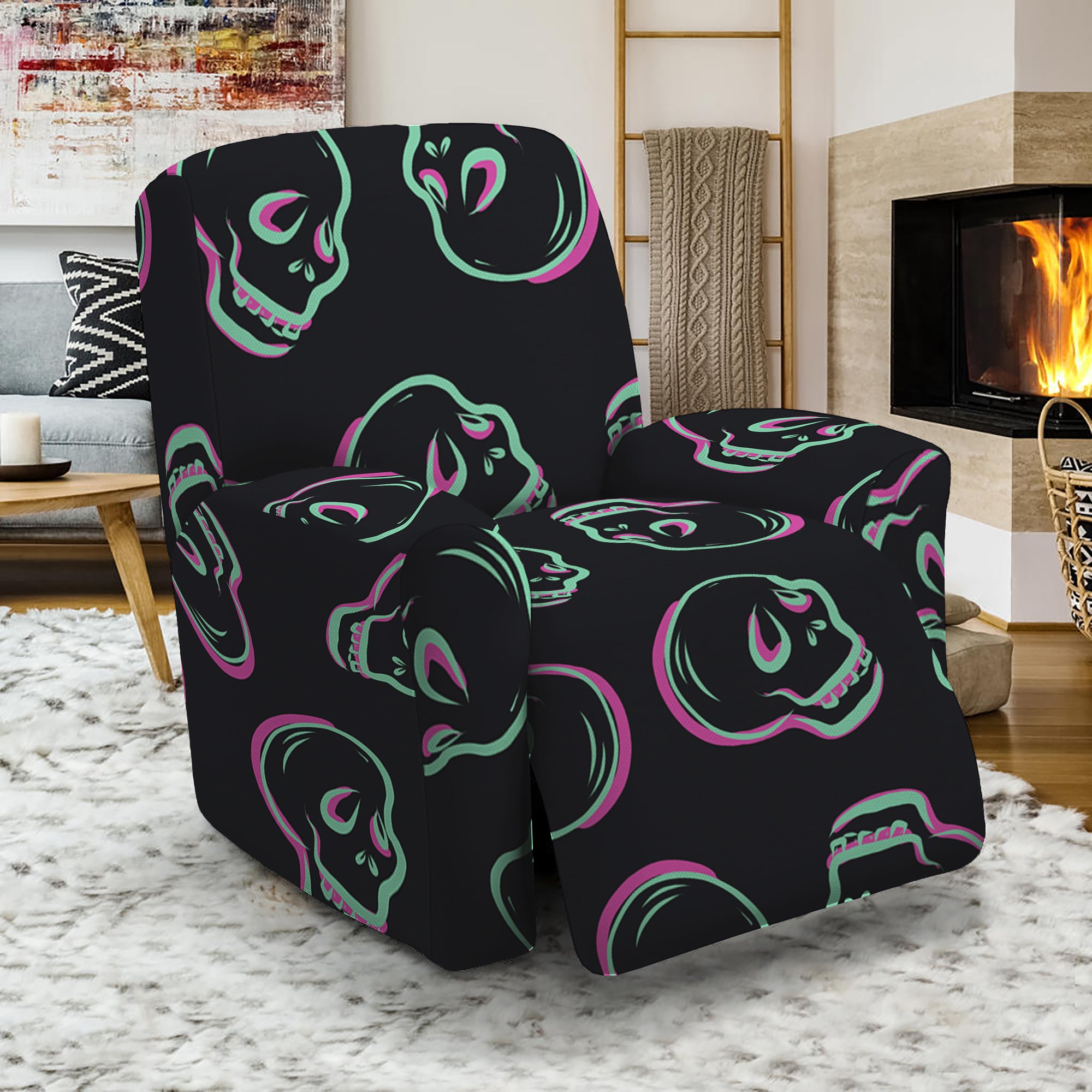 Purple And Teal Skull Pattern Print Recliner Slipcover