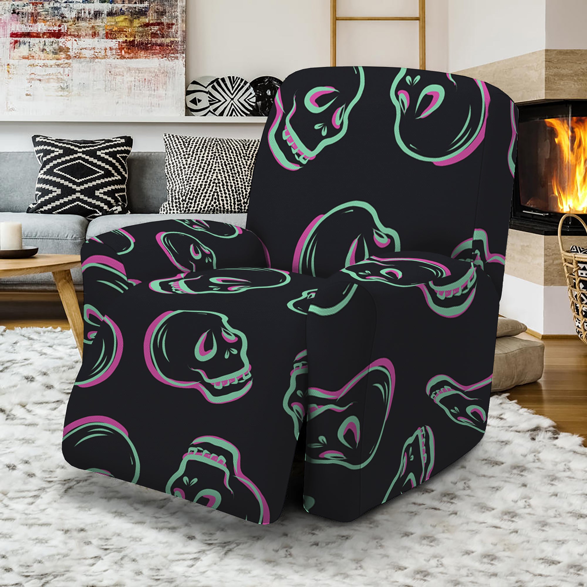 Purple And Teal Skull Pattern Print Recliner Slipcover