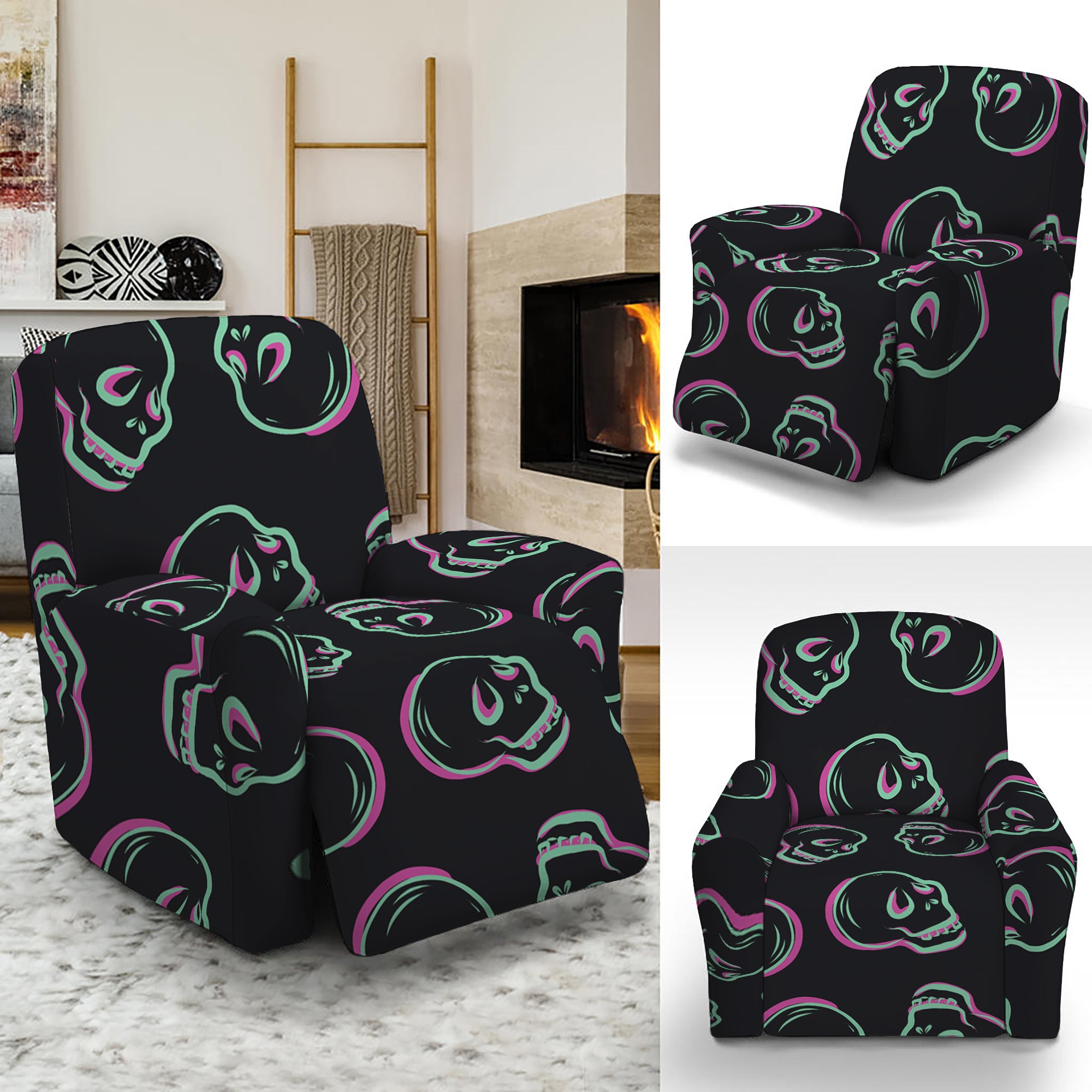 Purple And Teal Skull Pattern Print Recliner Slipcover