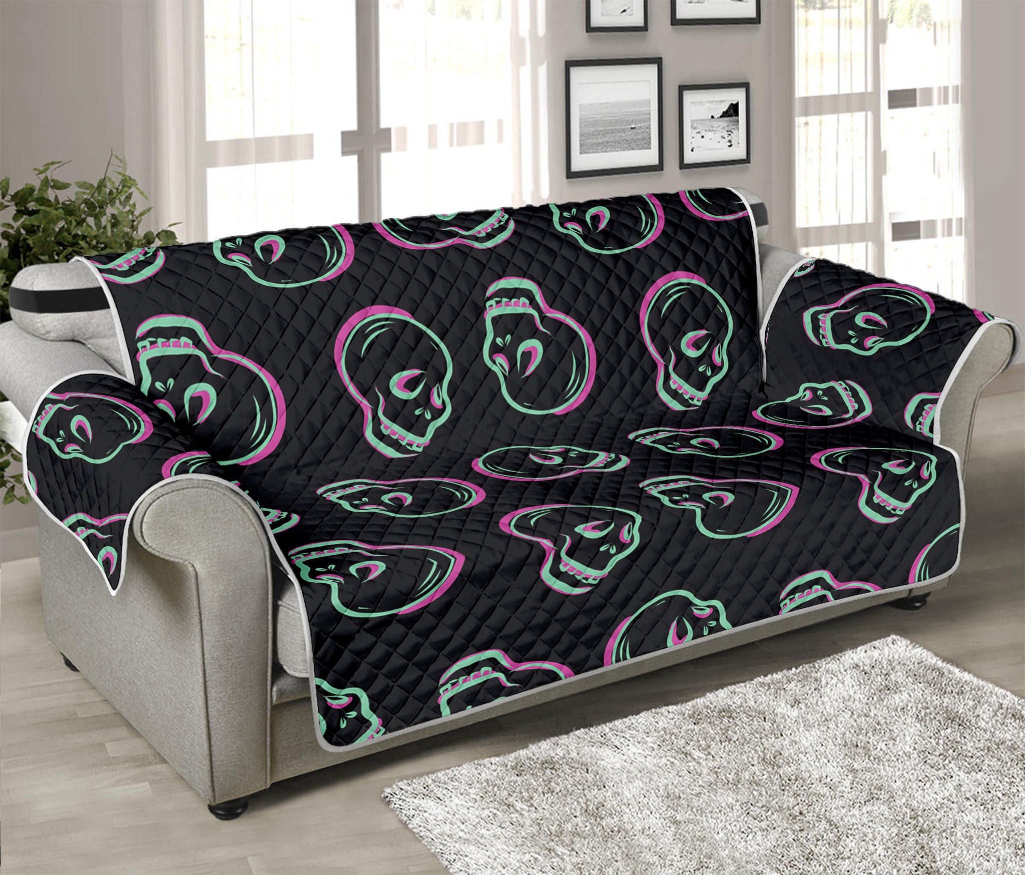 Purple And Teal Skull Pattern Print Sofa Protector