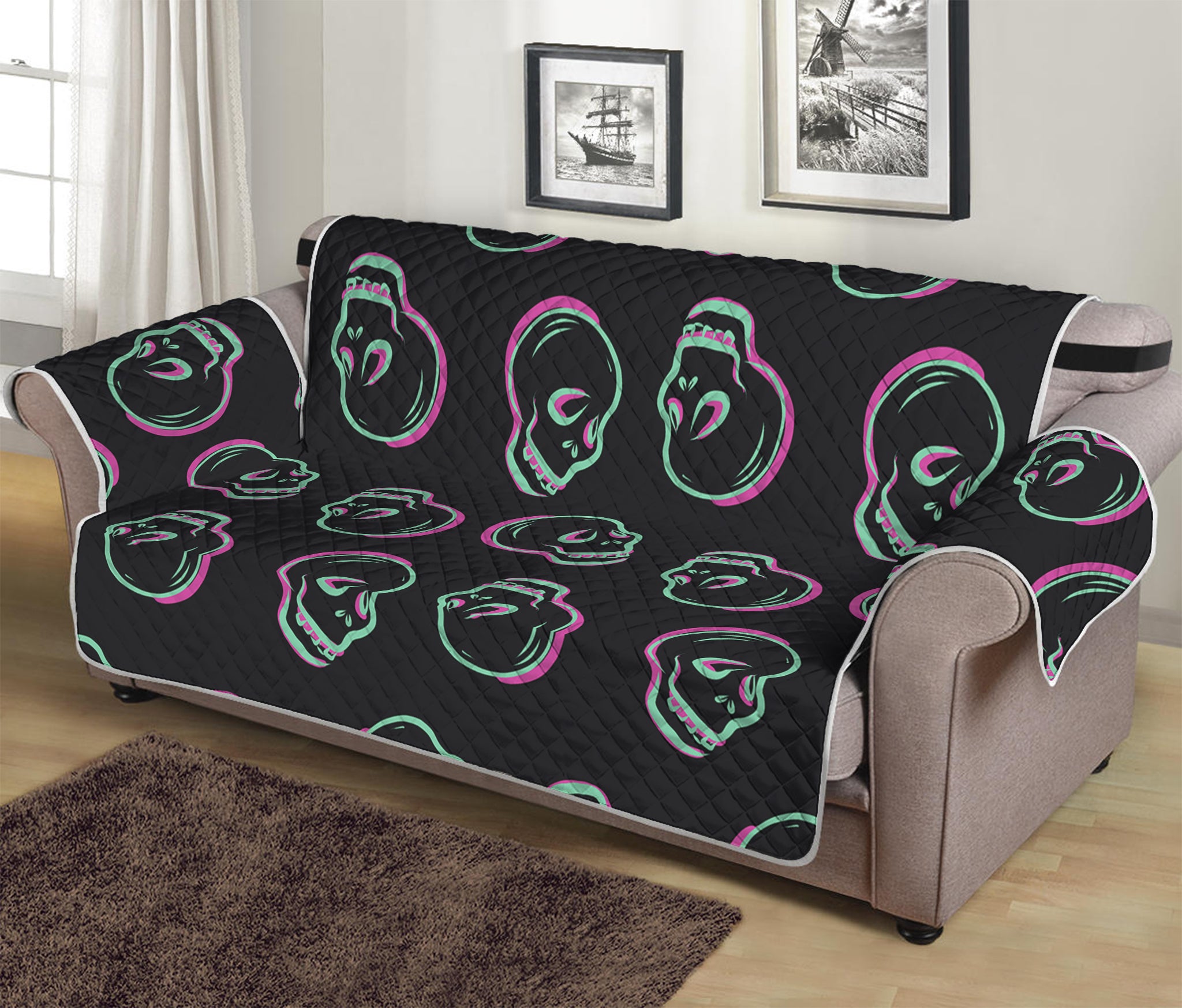 Purple And Teal Skull Pattern Print Sofa Protector