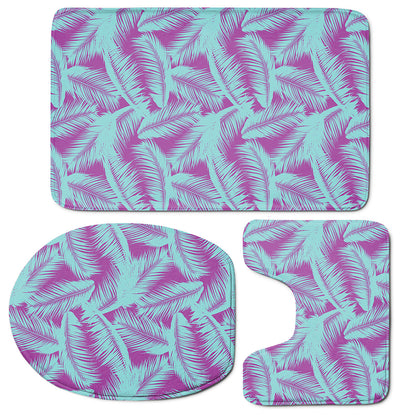 Purple And Teal Tropical Leaf Print 3 Piece Bath Mat Set