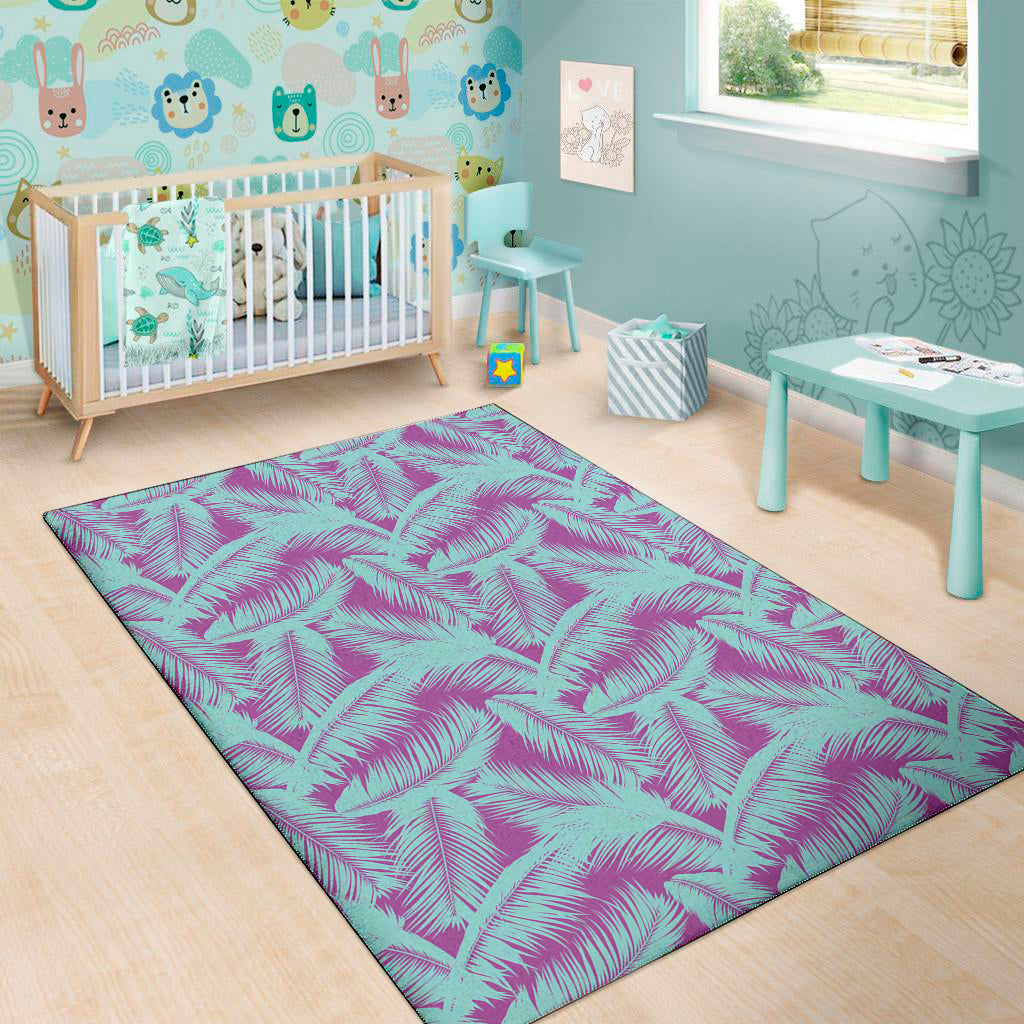 Purple And Teal Tropical Leaf Print Area Rug