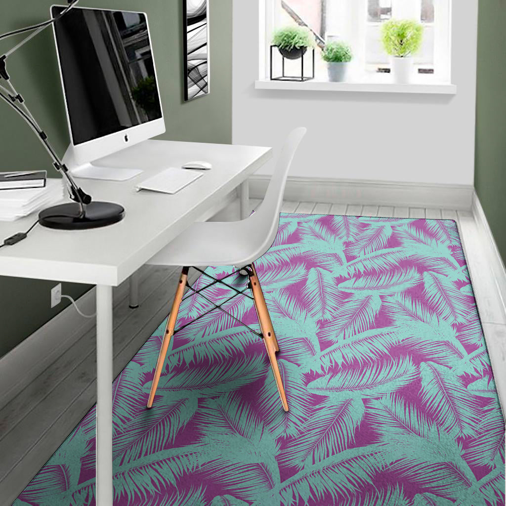 Purple And Teal Tropical Leaf Print Area Rug