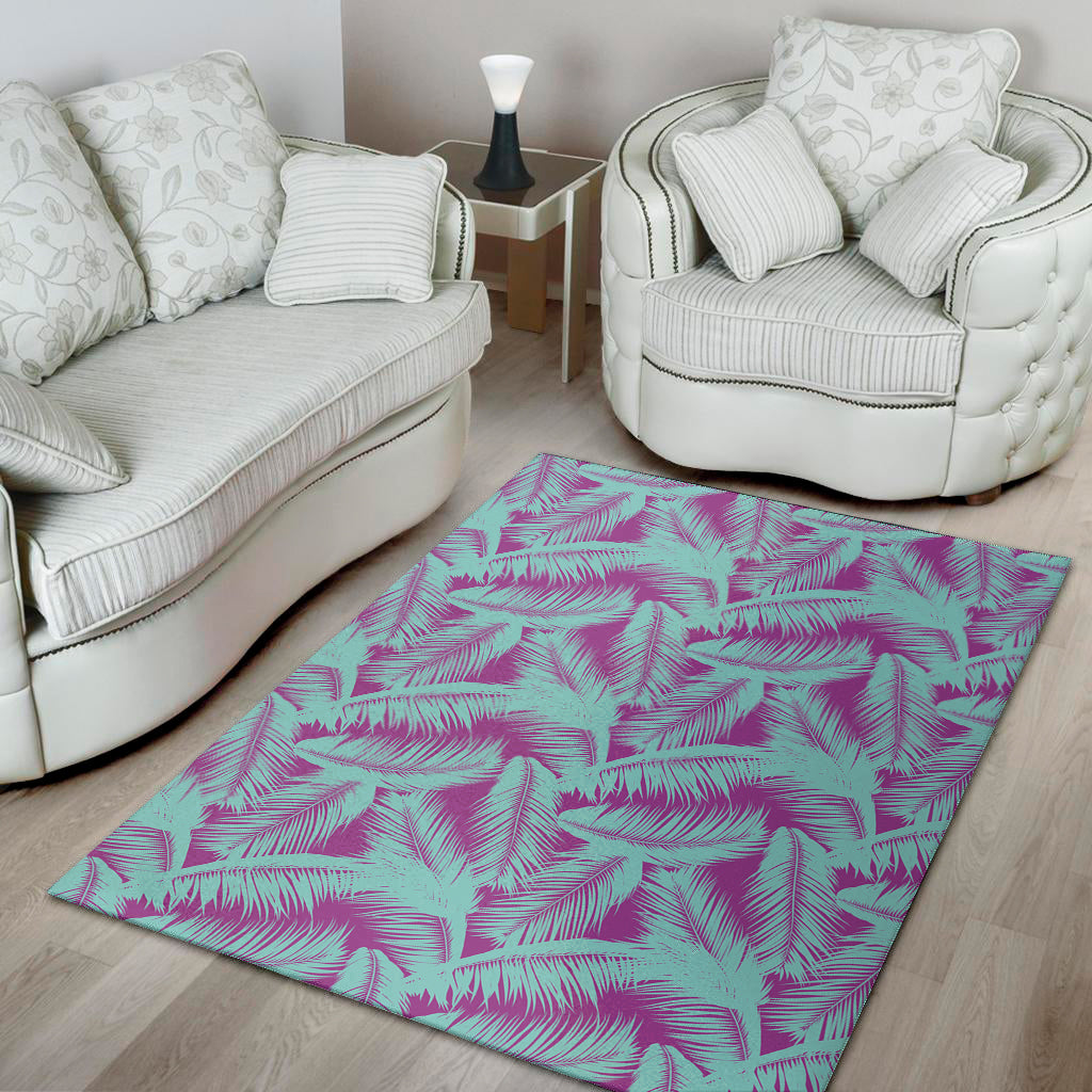 Purple And Teal Tropical Leaf Print Area Rug