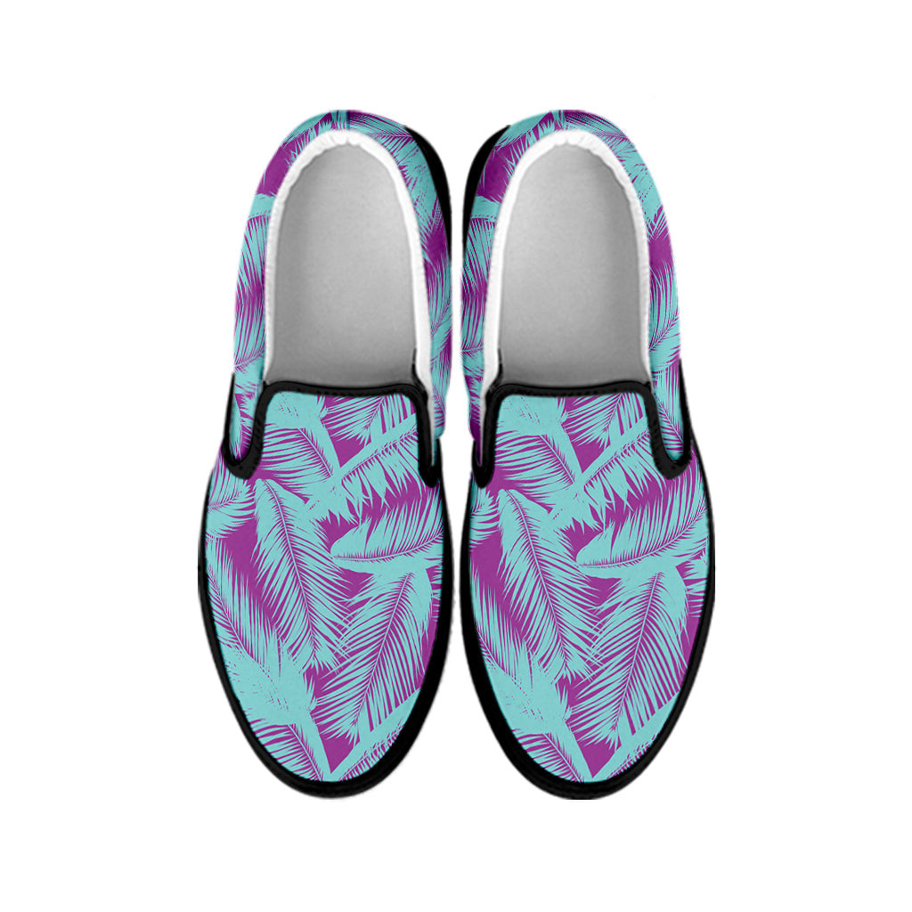 Purple And Teal Tropical Leaf Print Black Slip On Shoes