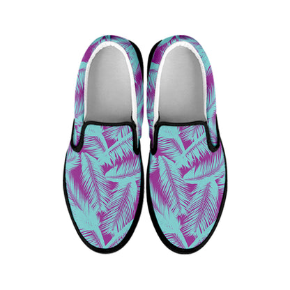 Purple And Teal Tropical Leaf Print Black Slip On Shoes