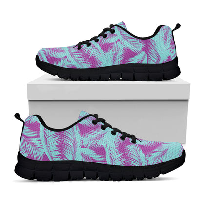 Purple And Teal Tropical Leaf Print Black Sneakers