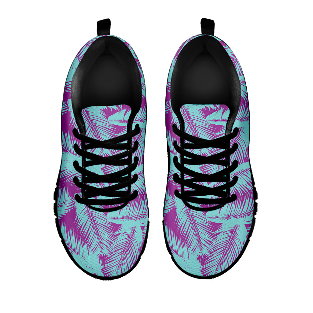 Purple And Teal Tropical Leaf Print Black Sneakers