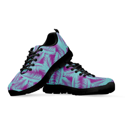 Purple And Teal Tropical Leaf Print Black Sneakers