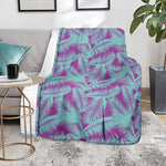 Purple And Teal Tropical Leaf Print Blanket