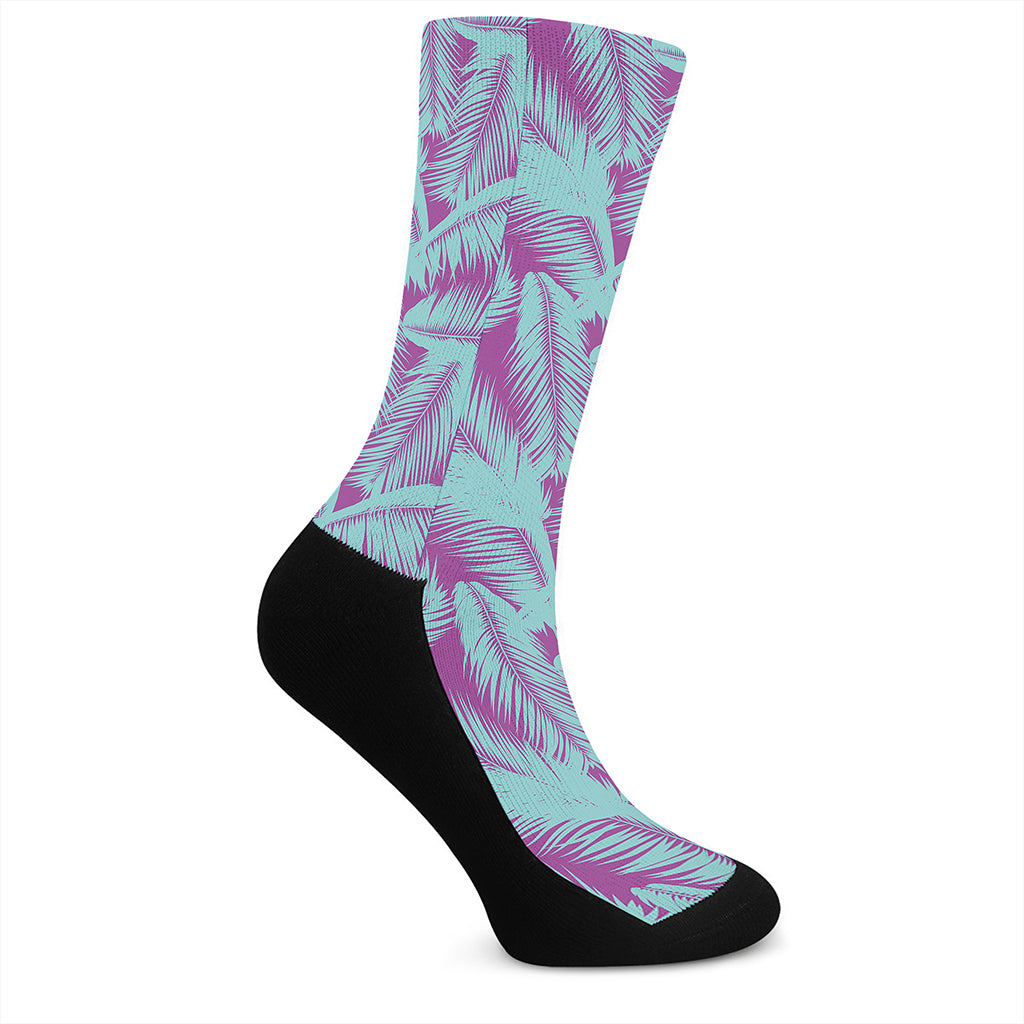 Purple And Teal Tropical Leaf Print Crew Socks