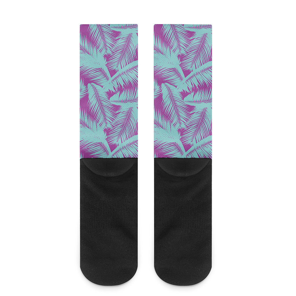 Purple And Teal Tropical Leaf Print Crew Socks
