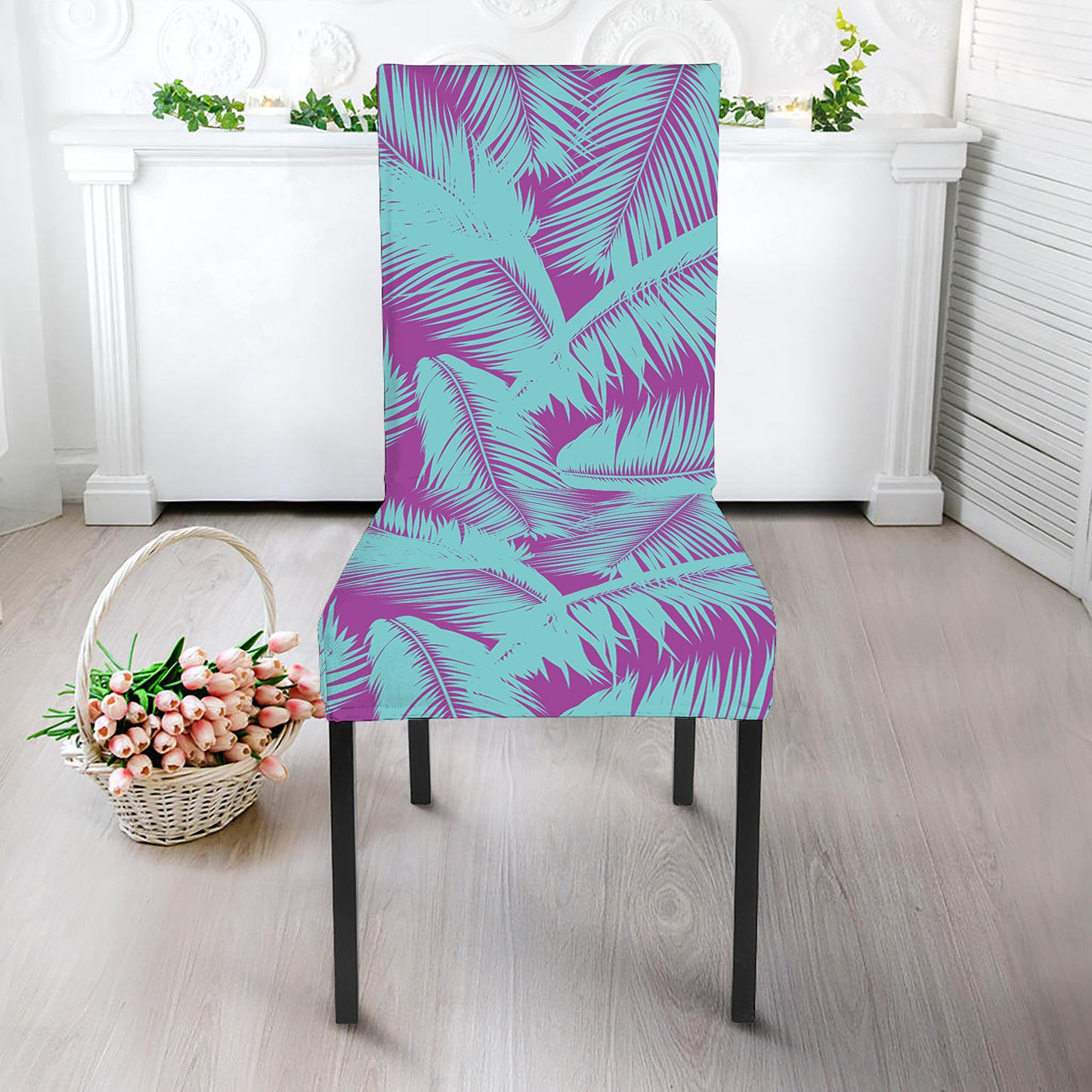 Purple And Teal Tropical Leaf Print Dining Chair Slipcover