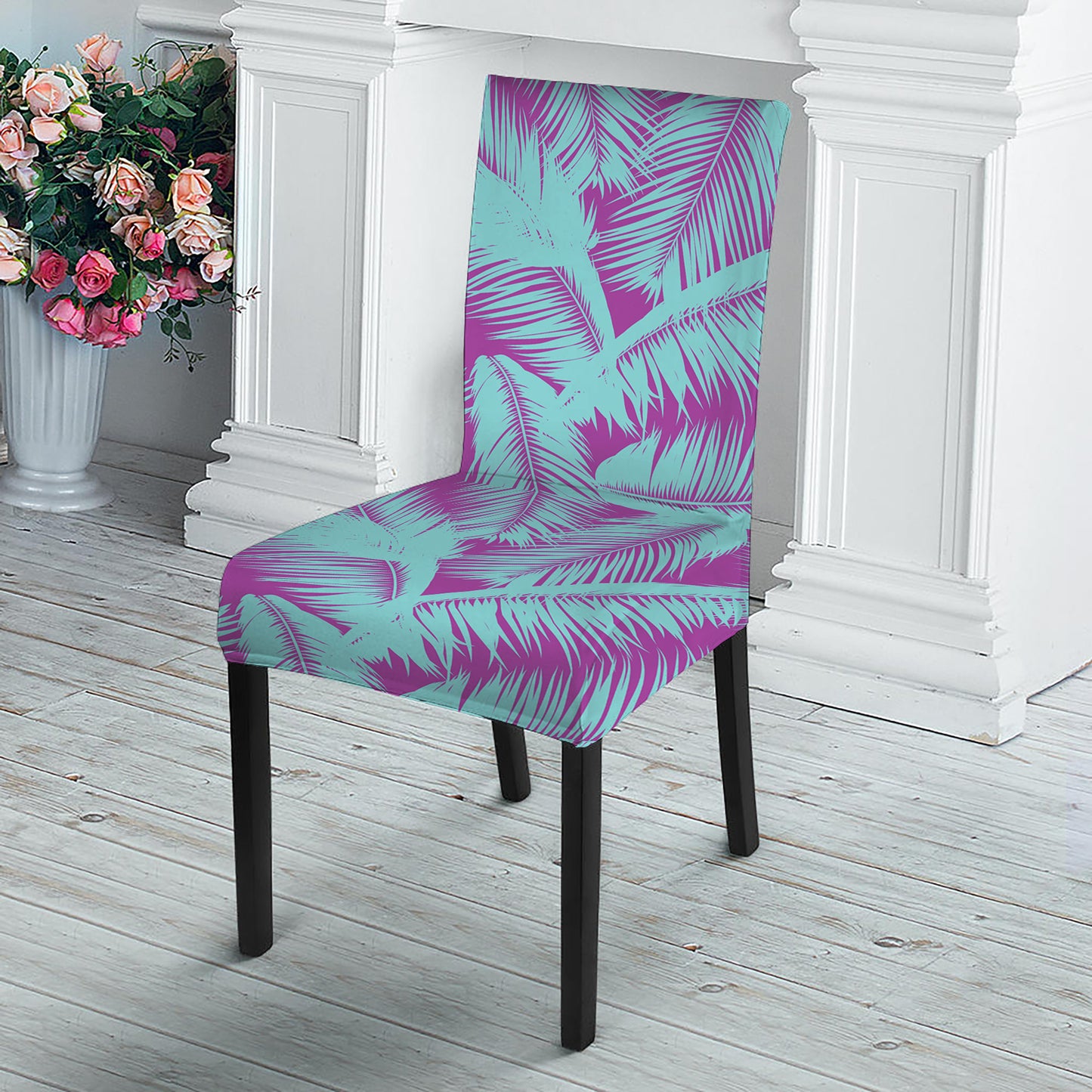 Purple And Teal Tropical Leaf Print Dining Chair Slipcover