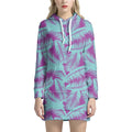 Purple And Teal Tropical Leaf Print Pullover Hoodie Dress