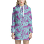 Purple And Teal Tropical Leaf Print Hoodie Dress