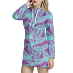 Purple And Teal Tropical Leaf Print Hoodie Dress